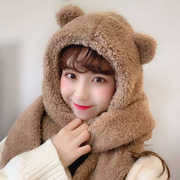 秋冬季女帽子围巾手套三件一体套装可爱学生保暖加厚毛绒小熊围巾