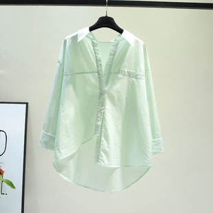 浅绿色设计感拼接长袖棉，衬衫女春夏，韩系茶歇法式洋气漂亮醋酸上衣