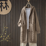 秋冬纯色绞花加厚羊毛，针织开衫女宽松复古中长款休闲毛衣外套