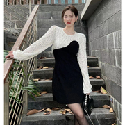 茶歇灯芯绒连衣裙女秋冬季法式设计感波点拼接收腰假两件短裙