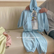 儿童春季卫衣套装2023洋气蓝色显白连帽拉链卫衣束脚卫裤套装