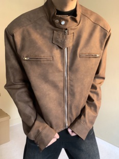 美式复古休闲做旧棕色机车皮衣，外套男小众，设计感短款垫肩立领夹克
