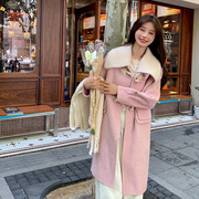 复古牛角扣双面羊毛大衣，2023冬季甜美温，柔风粉色羊绒呢子外套