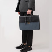 韩国潮牌男士手提包方形横款电脑包，pu皮单肩包黑色商务出差公文包