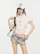 粉色刺绣蕾丝正肩短款短袖t恤女夏季设计感小众修身收腰甜辣上衣