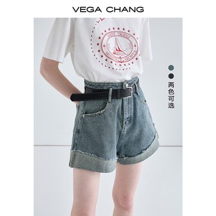 VEGA CHANG牛仔短裤女2024年夏设计感小众显瘦高腰卷边裤子