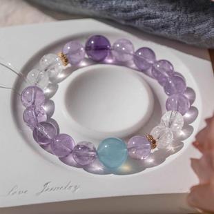 天然薰衣草紫水晶手链女玻璃体紫色手串白水晶女学生日礼物饰品。