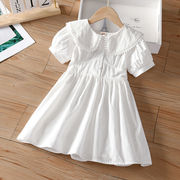 .女童白色连衣裙童装夏季裙子2023夏装蕾丝包边娃娃领短袖衬
