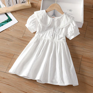 女童白色连衣裙童装夏季裙子，2023夏装蕾丝包边娃娃领短袖衬裙