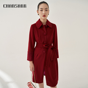 香莎CHANSARR 复古气质酒红大衣 简约设计 喜庆新年中长款外套