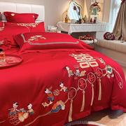 高档结婚四件套大红色床单被套百子图婚房喜被婚庆床上用品六件套