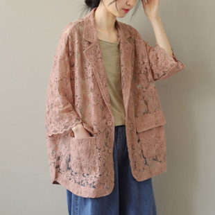出口外贸日本大牌女装西装外套洋气镂空蕾丝防晒衣小西服