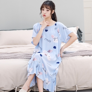 韩版加长款棉绸睡裙女士短袖，加大码睡衣，夏季人造棉宽松舒适居家服