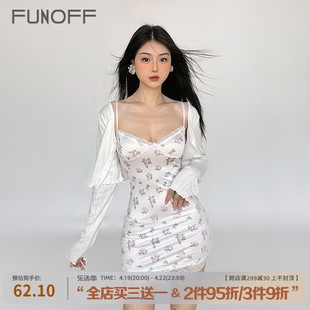 funoff法式bm风白色蕾丝，拼接碎花吊带裙辣妹，低胸修身包臀短裙女