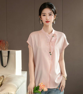 新中式国风盘扣刺绣真丝衬衫女夏季桑蚕丝衬衣，设计感小众洋气上衣