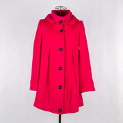 冬季but布同淑女，中长款带帽梅红色单排扣长袖，立领羊毛呢大衣外套
