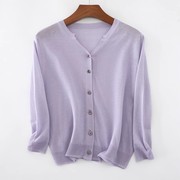 100%亚麻薄款紫色针织开衫外套，女夏季披肩，防晒空调衫罩衫