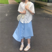 自制小众设计感天蓝色半身裙超仙女学生个性不规则夏季日系a字裙