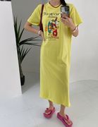 韩国夏季女士棉，混纺卡通印花休闲短袖连衣裙过膝长裙黄色