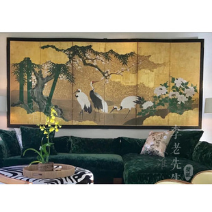 现代新中式仙鹤卧室沙发背景墙纸，茶室日式屏风，法式中古无纺布壁纸