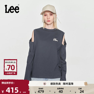 Lee24春季舒适版圆领露肩印花Logo插肩袖灰色女长袖T恤潮流