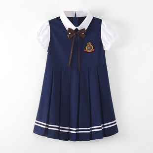 春夏女童衬衫领假两件连衣裙学院风短袖演出服，儿童可爱园服