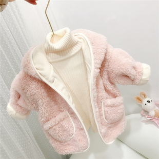 定制儿童秋冬外套2022洋气女童可爱兔耳朵毛毛衣宝宝加绒粉色