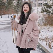 粉色派克服女韩版冬装2022年中长款棉服加厚宽松棉袄工装棉衣外套
