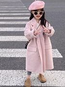 韩国童装2023秋冬粉色加厚呢大衣女宝宝洋气中长款毛呢外套潮