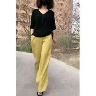 套装2024夏季黑色打底衫黄色阔腿裤时尚显瘦女潮流简约两件套