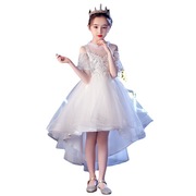 儿童礼服公主裙夏季拖尾女童主持人洋装白色纱裙子6前短后长9岁