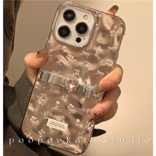 poopookai高级感粉色碎花水钻爱心适用iPhone15promax苹果13手机壳12褶皱11日韩14Pro个性13Promax少女保护套