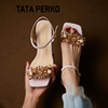 TATA PERKO联名女鞋一字扣带高跟凉鞋仙女风花朵串珠时装高跟鞋女