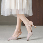 包头水钻粉色凉鞋女春季尖头高跟鞋细跟仙女风单鞋B868-ES79