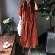 大码女装200斤胖MM夏季韩版INS极简纯色单排扣褶皱领衬衫式连衣裙