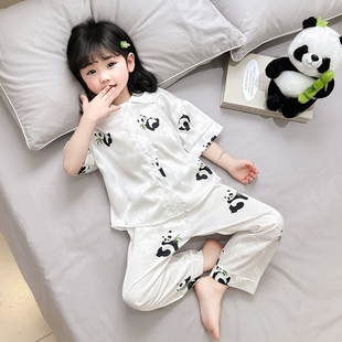 儿童睡衣2024夏季薄款冰丝绸，岁宝宝短袖，熊猫男女童家居空调服