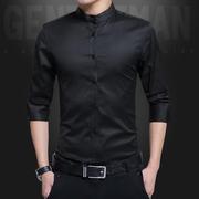 黑色立领衬衫男长袖薄款商务休闲纯色中山领寸衣个性短袖衬衣