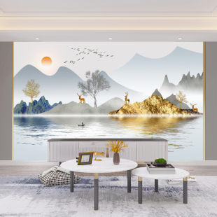 新中式电视背景墙壁纸简约大气，水墨山水画定制壁画客厅墙布背景墙
