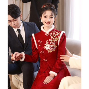 敬酒服2024新娘旗袍酒红色订婚礼服裙中式结婚长袖加厚冬季女