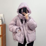 韩国紫粉色棉衣外套女2023冬季加厚大口袋面包，服连帽保暖羽绒棉服