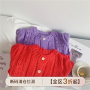 儿童针织开衫2022春季女童，韩版红色紫色，宽松镂空圆领针织外套