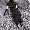 miub新中式旗袍夏季短袖黑色，暗纹高开衩(高开衩)甜酷辣妹改良型连衣裙女款