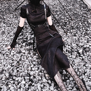Miub新中式旗袍夏季短袖黑色暗纹高开衩甜酷辣妹改良型连衣裙女款