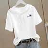 纯棉连帽白色t恤女短袖，2024夏季韩版减龄显瘦半袖，宽松薄款潮