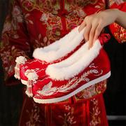 冬季加绒汉服鞋子女高跟中式古风棉鞋搭配旗袍复古新娘绣花鞋
