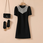 法式轻奢小黑裙 重工钉珠高腰A字显瘦短袖连衣裙2024夏季女装