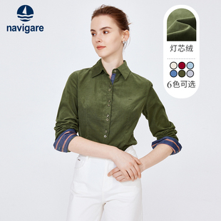 纯棉灯芯绒Navigare意大利小帆船长袖衬衫女春季绿色休闲衬衣