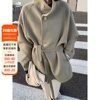 HTBT定制2023韩国东大门立领双面绒大衣女气质宽松系带羊毛呢外套