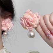 粉色大花朵耳环女森系，甜美小清新立体雪纺，珍珠吊坠耳坠潮