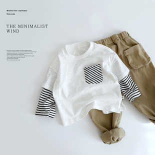 韩版儿童春装假两件t恤男女宝宝，宽松长袖上衣竹节纯棉打底衫